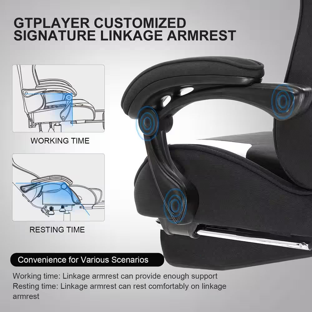 Fabric Gaming Chair with Footrest and Lumbar Support Computer Chair with 360°- Swivel Seat, Black and Light Gray