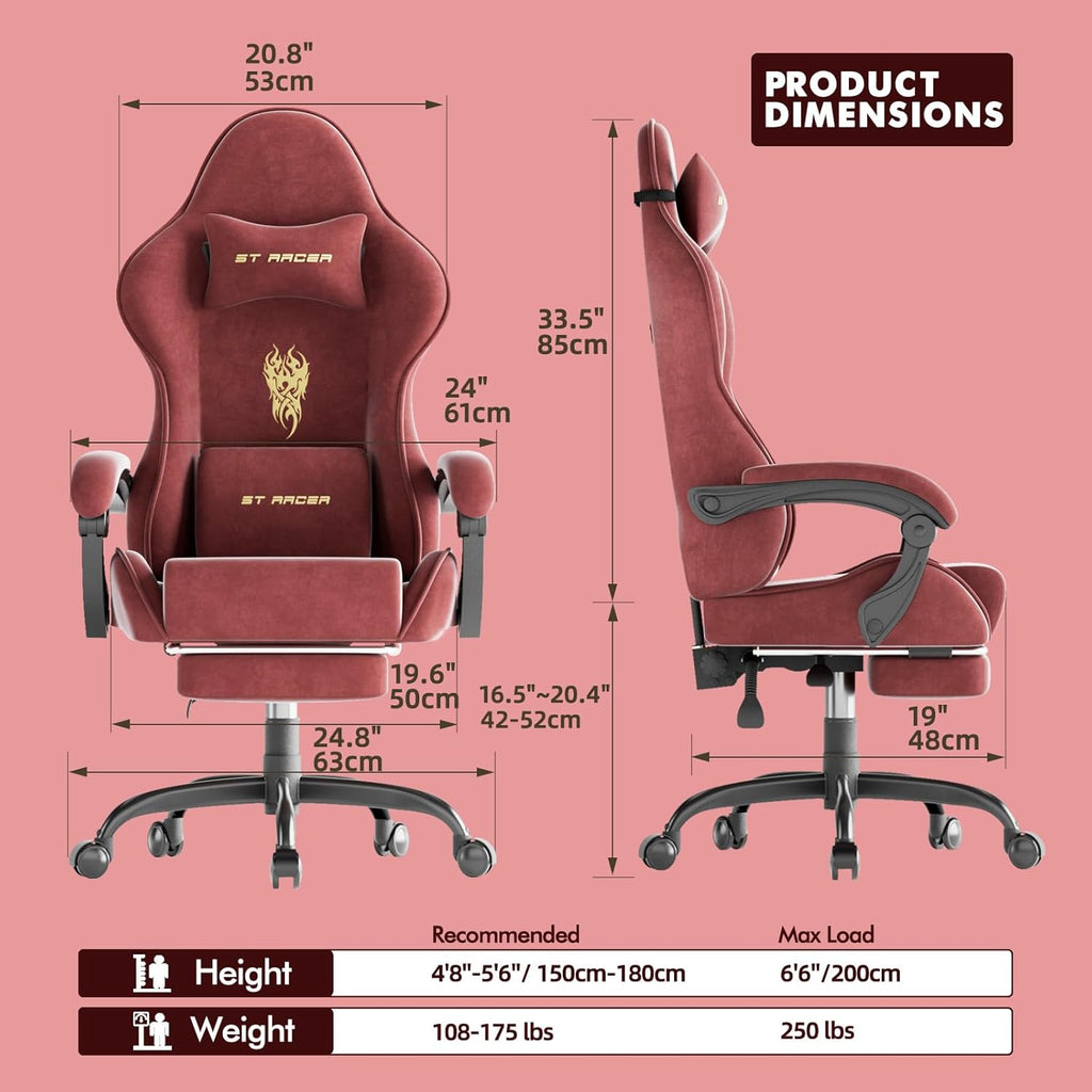 Velvet Fabric Gaming Chair with Footrest for Adults, Ergonomic Gaming Chairs with Massage Lumbar, Reclining Racing Computer Chair with Spring Cushion for Home Office Video Game, Red