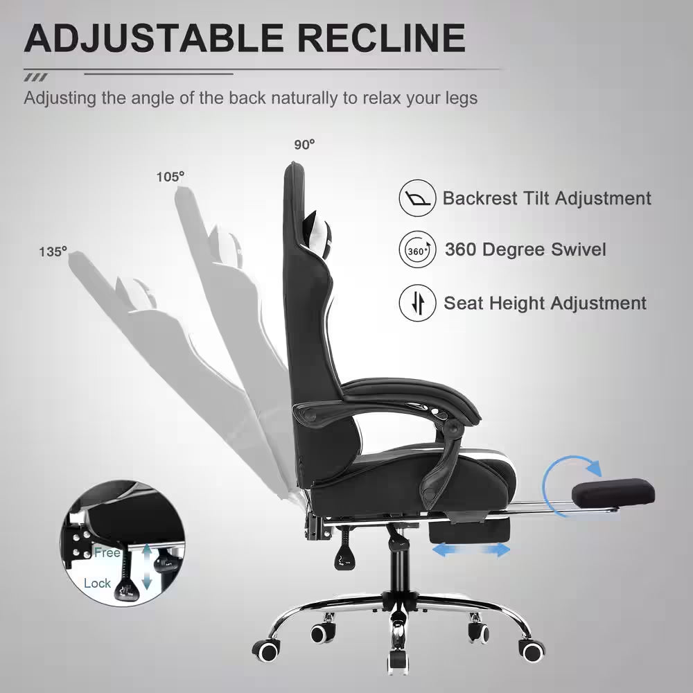 Fabric Gaming Chair with Footrest and Lumbar Support Computer Chair with 360°- Swivel Seat, Black and Light Gray