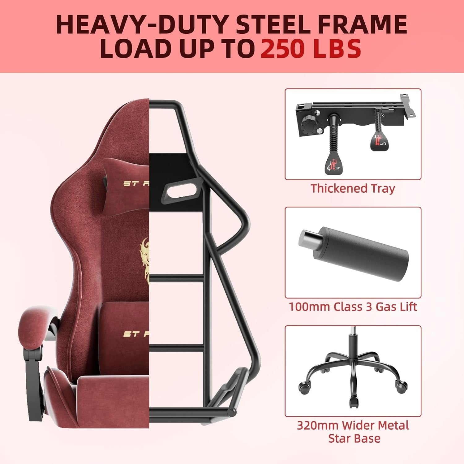 Velvet Fabric Gaming Chair with Footrest for Adults, Ergonomic Gaming Chairs with Massage Lumbar, Reclining Racing Computer Chair with Spring Cushion for Home Office Video Game, Red