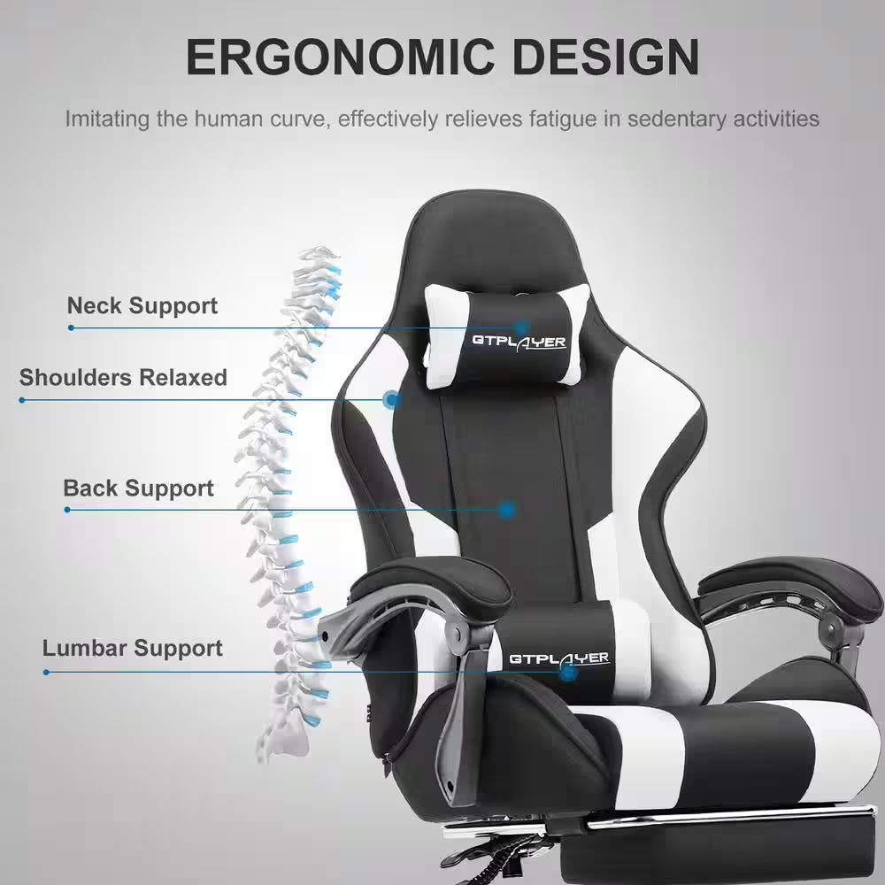 Fabric Gaming Chair with Footrest and Lumbar Support Computer Chair with 360°- Swivel Seat, Black and Light Gray